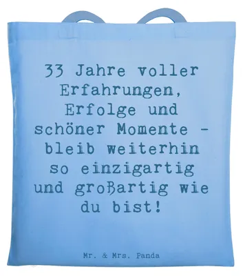 Produktbild von Mr. & Mrs. Panda Tote Bag Spruch 33. Geburtstag - Sky Blue - Geschenk, Laptoptasche, Alter, Einkaufstasche, Lebensfeier, Einkaufstüte, Tasche, einzigartiges, Schultasche