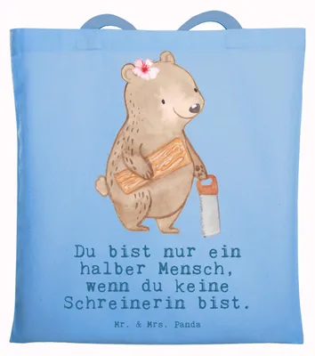 Produktbild von Mr. & Mrs. Panda Tote Bag Schreinerin Herz - Sky Blue - Geschenk, Shopping Tasche, Jutebeutel, Schultasche, Jutetasche