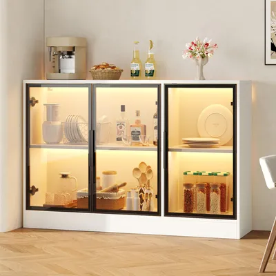 Produktbild von okwish Vitrine mit LED-Beleuchtung und Glastüren,Sideboard mit Stauraum, vielseitiger Aufbewahrungsschrank,Weiß