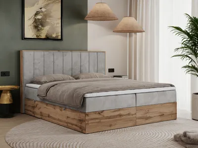 Produktbild von MKS MEBLE Boxspringbett 180x200 mit Bettkasten Eiche, Polsterbett 180x200 mit Matratze H3, Bett 180x200 mit Kopfteil, Bett mit Holzrahmen in Wotan Eiche - Hellgrau Velvet - Bellissimo