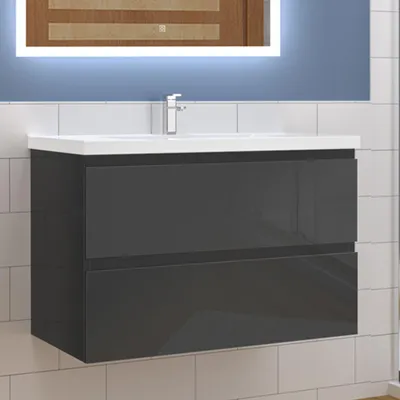 A modern bathroom vanity with a dark gray high-gloss finish and a white countertop, mounted on a tiled wall.