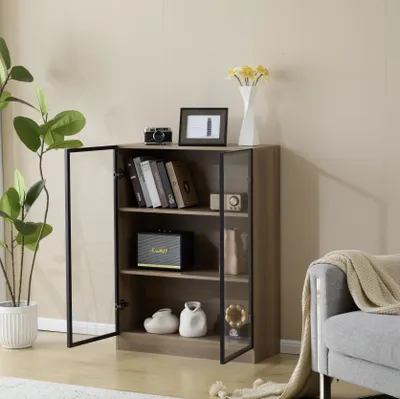 Produktbild von STILVORA Vitrine mit Glastüren,Aufbewahrungsschrank Standvitrine mit LED-Beleuchtung,Aktenschrank Bücherschrank mit 3-stufigen Einlegeböden,Natur