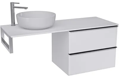 Obrázok produktu pre CERANO – Kúpeľňová skrinka Velora – biela matná, úchytka čierna + doska pod umývadlo z liateho mramoru Elanys – 12 mm + konzoly chróm – 140 × 54,2 × 46,5 cm