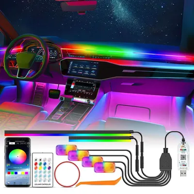 Productafbeelding van Interieurverlichting voor auto, LED, RGBIC, USB, bediening via app, afstandsbediening, muziekmodus, verlichting voor de voetruimte, 5V/12V