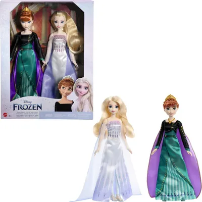 A collage of Disney Frozen dolls, including Anna and Elsa, in their packaging and displayed individually.