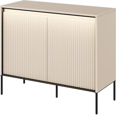 Produktbild von Kommode TREND TR-02 mit 2 Türen LED-Beleuchtung Sideboard 98 x 83 cm Mehrzweckschrank Anrichte Schrank Highboard Push-to-Open Modern Geriffelt (Beige)