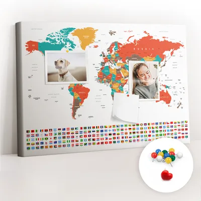 Immagine prodotto di Lavagna in sughero con puntine - Pannello con puntine per foto e appunti - 60x40 cm - 100 puntine colorate - Mappa del mondo colorata