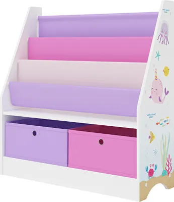 Produktbild von Kinderregal ‘Neda’ mit 3 Fächern und 2 Faltboxen Ozean-Motiv 74 x 71 x 23 cm