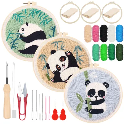 Punch Needle Starterset mit Anleitung, Rahmen, Garn (Panda)