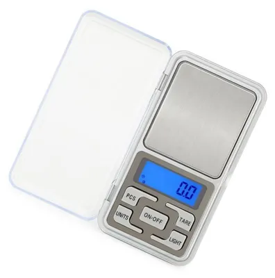 Produktbild von Digitale Küchenwaage aus Edelstahl, 200 g/0,01 g, mit hintergrundbeleuchtetem LCD-Display, Tara-Funktion und inklusive 2 AAA-Batterien.