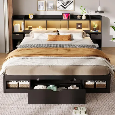 Produktbild von okwish Stauraumbett 180×200 mit 3 Schubladen,Jugendbett Kopfteil mit mehreren Staufächern,Stauraumbett mit LED und USB,Schwarz,ohne Matratze