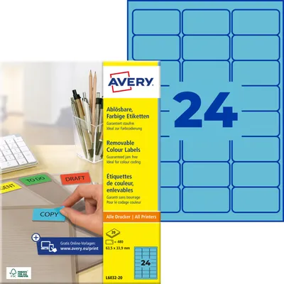 Produktbild von Avery Zweckform L6032-20, Farbige Etiketten, ablösbar, A4, 63,5 x 33,9 mm, 480 Etiketten / 20 Bögen, blau