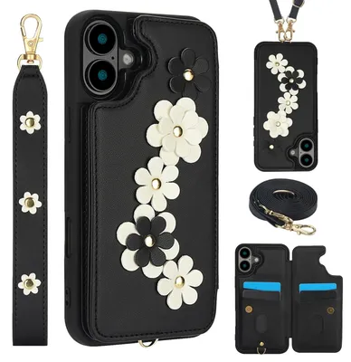 Obrázok produktu pre Crossbody puzdro z umelej kože s kvetinovým motívom a puzdrom na karty čierne pre Apple iPhone 17