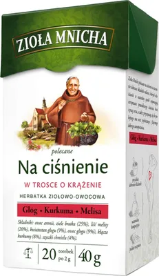 A box of herbal tea with an illustration of a monk and a building.