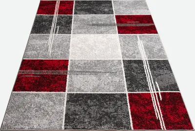 Image de Tapis design à carreaux, poils courts, aspect marbré, chiné, moderne, gris, noir, rouge, dimensions 80 x 150 cm