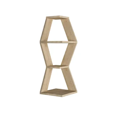 A modern, geometric corner shelf unit made of wood.
