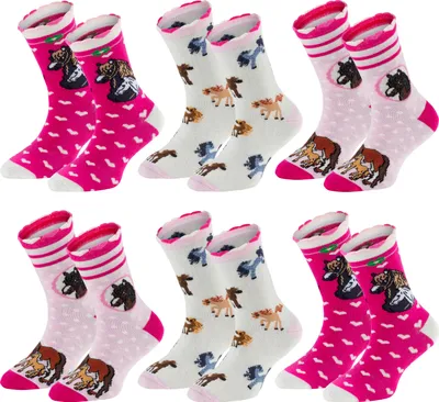 Produktbild von TippTexx 24 6 Paar Kinder Socken, handgekettelt, für Mädchen & Jungen, Romantik Pferd, Größe 31-34