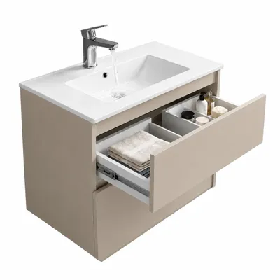Produktbild von paplinskimoebel - Badezimmerschrank CALPE 60 mit Waschbecken, Hängeschrank, 2 Schubladen Soft-Close, Veranstalter, Kaschmir, Beige, Keramikwaschbecken
