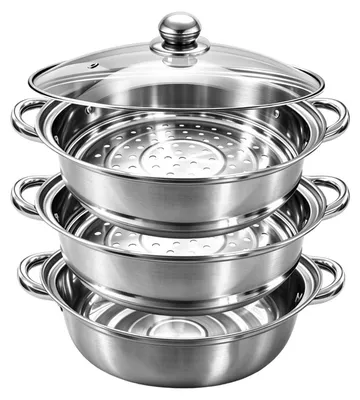 Image de Cuiseur vapeur en acier inoxydable, 28 cm, 3 niveaux, compatible avec les plaques à induction