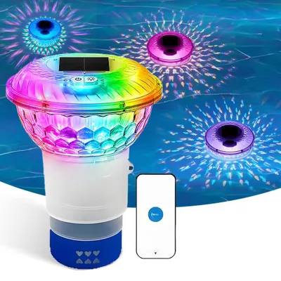 Produktbild von WRIQOO Dosierschwimmer Pool mit LED Poolbeleuchtung Solar, Solar Schwimmer mit Fernbedienung, Schwimmende Poolbeleuchtung, Solarlicht Pool, RGB LED Dimmbar für W-h-irlpool, Badewanne, Garten
