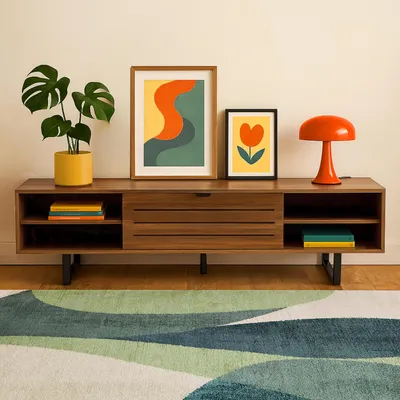 A wooden TV stand with decorative items and a rug in front.