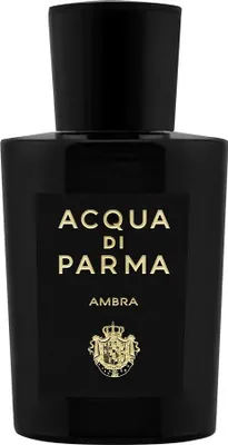 A black bottle of Acqua di Parma Ambra Eau de Parfum is shown against a white background.