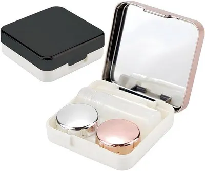 Productafbeelding van Contactlenshouder - 2 stuks - met spiegel - Mini-doosje - met dopjes voor links (L) en rechts (R) - formaat handtas - ideaal voor onderweg - verkrijgbaar in roze en zwart