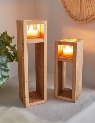 Produktbild von 2x Windlichtsäule "Wood" aus Holz & Glas, 30 + 40 cm hoch, Kerzenhalter, Kerzenständer, Dekosäule für Wohnzimmer, Holzsäule mit Kerzenglas