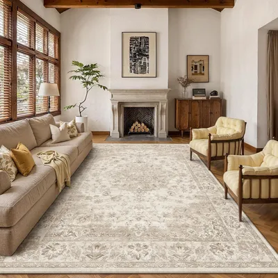 Productafbeelding van Tapijt voor de woonkamer, 200x300 cm, beige, wasbaar, korte pool, vintage stijl, rechthoekig