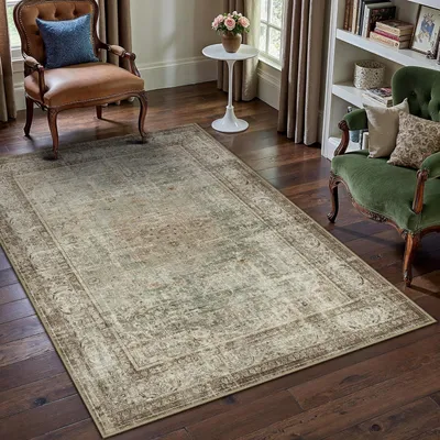 Image de Tapis à poils courts, lavable, style vintage, idéal pour le salon, dimensions 120x170 cm, couleurs : vert et marron