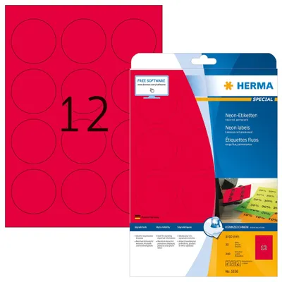 Produktbild von Etiketten A4 neon-rot Ø 60 mm rund Papier matt 240 St.