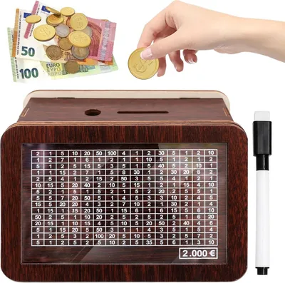 Produktbild von Spardose Sparbox aus Holz mit Zähler und Zahlen zum Ankreuzen mit Sparziel 2000€