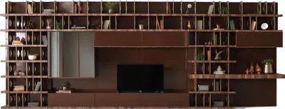 Produktbild von Casa Padrino Luxus TV Schrank Dunkelbraun / Braun / Messing 576 x 60 x H. 224 cm - Riesiger Massivholz Wohnzimmer Schrank - Wohnzimmer Möbel - Hotel Möbel - Luxus Möbel