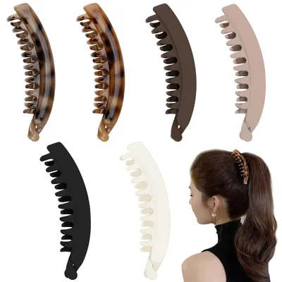 Produktbild von 6 große Bananen-Haarspangen, Vintage-Bananen-Haarnadeln, Haarspangen für Pferdeschwänze, rutschfeste Haarspangen mit Leopardenmuster für Frauen und Mädchen mit dickem oder mitteldickem Haar (6 Farben A)