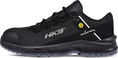 A black and gray HKS safety shoe is shown in profile against a white background.