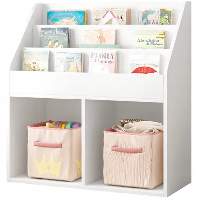 A white bookshelf filled with children's books and storage bins.