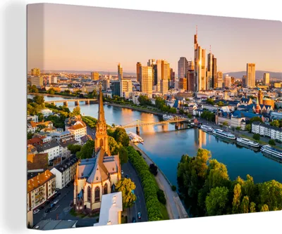Produktbild von MuchoWow® - Leinwandbilder - Frankfurt bei Sonnenuntergang, Wandbild, Wanddeko Bilder Wohnzimmer, 120x80 cm