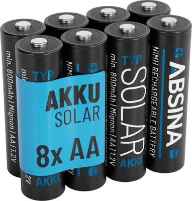 Produktbild von ABSINA 8x Solar Akku AA wiederaufladbar 800mAh 1.2V NiMH - Mignon AA Solar Batterien für Solarleuchten