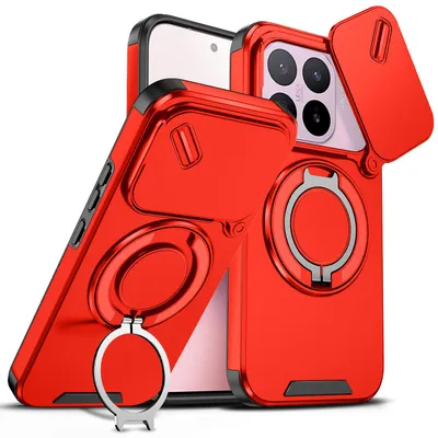 Obrázek produktu pro Dvouvrstvé pouzdro pro Xiaomi 17T, s posuvným krytem fotoaparátu a magnetickým kroužkovým stojánkem Červený