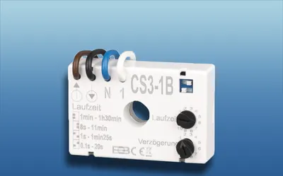 A white electronic timer relay device with colored wire connectors and adjustment knobs, set against a gradient blue and white background.
