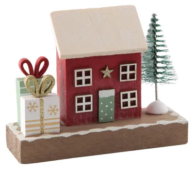 Weihnachtshaus-Ständer aus Holz, 11x9 cm, mit Baum & Geschenken