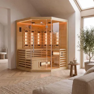 Produktbild von Artsauna Infrarotkabine Kiruna150 mit 8 Vollspektrum- & 1 Flächenstrahler, 3 Personen, 150 x 150 cm, LED Farblicht & Glasfront, Infrarotsauna Sauna