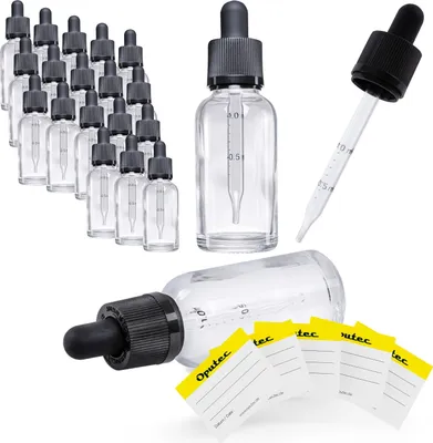 Produktbild von Oputec 20x 30ml Klarglas Pipettenflaschen - Pipette mit Skala, kindersicher und dicht - für Öle Aromen Essenzen