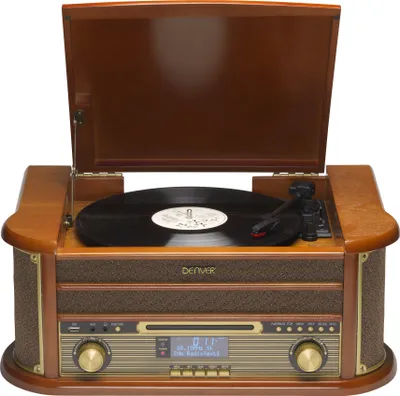 A vintage-style record player with a lid open, showing a record on the turntable.