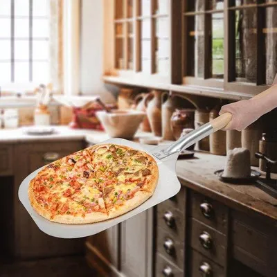 Immagine prodotto di Forbici per pizza Viervinklige - Forbici per pizza Viervinklige con lungo manico in legno (80 cm) - Forbici per pizza in legno / acciaio inossidabile - Viervinklige