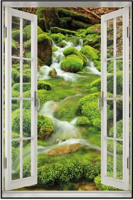 Produktbild von Wallario Wandbild mit Fenster-Illusion: Moosiger Bach, Größe: 61 x 91,5 cm, Poster mit schwarzem Aluminiumrahmen