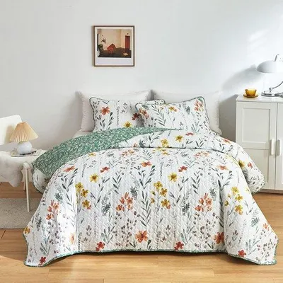 Productafbeelding van Unyqoos® gestoffeerde sprei, 135 x 200 cm, 100% katoen, kleurrijk vintage bloemenmotief, inclusief kussensloop 80x80 cm – bedspreider voor een enkel bed en een bank