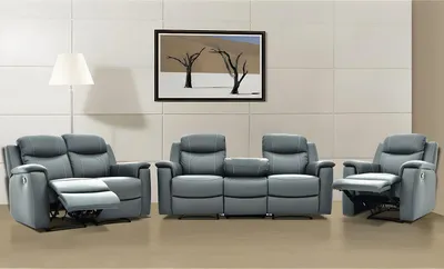 Produktbild von 3-Sitzer-Sofa, 2-Sitzer-Sofa und Sessel mit Relaxfunktion EVASION aus Leder - Grau