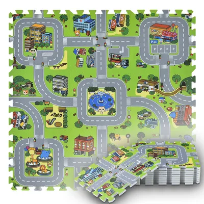 Produktbild von Juskys Kinder Puzzlematte Jascha 9 Teile - Stadt & Straßen - ab 10 Monate - bunt