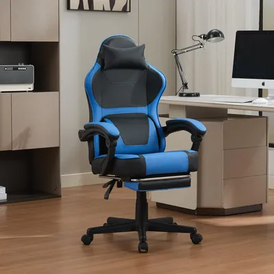 Zdjęcie produktu dla Krzesło gamingowe w stylu kawaii, niebiesko-czarne, z podnóżkiem i podparciem lędźwiowym, idealne do pracy w domu i do gier
